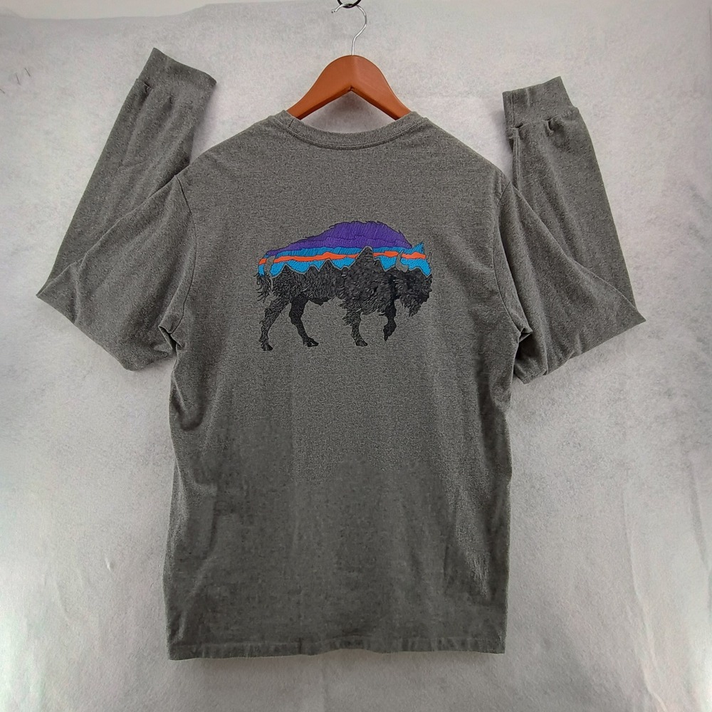 Patagonia Mens Responsibili-Tee Long Sleeve Bison Graphic Grey Cotton Blend M